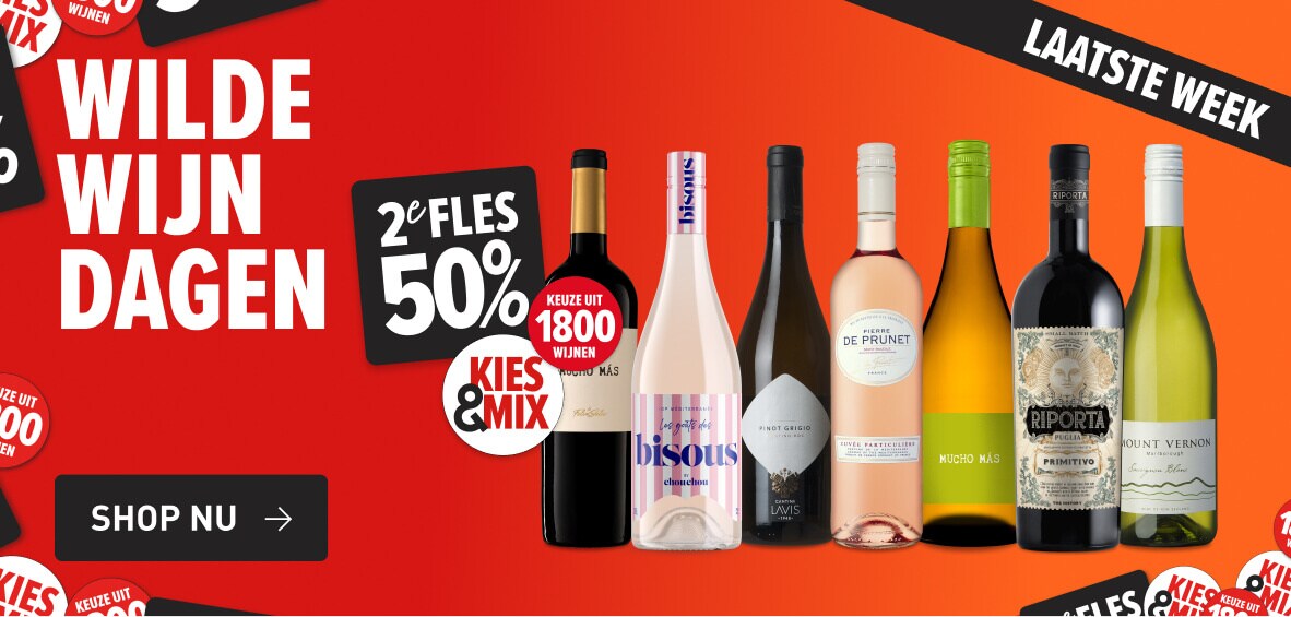 Wilde Wijn Dagen. Keuze uit 1800 wijnen 2e fles 50% korting kies & mix. Laatste week